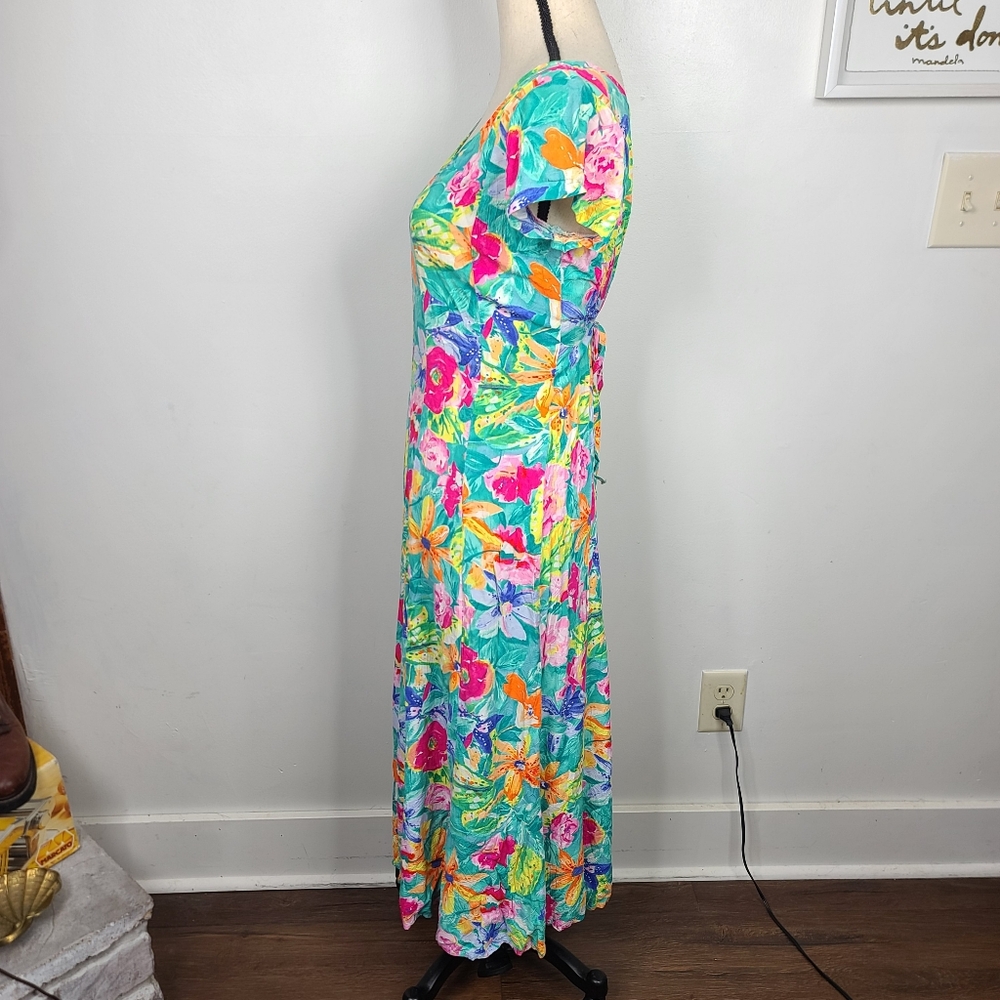 Vtg 80's/90's Jams World Bright Floral Tropical Print Back Tie Sash Midi Dress S - Picture 5 of 14